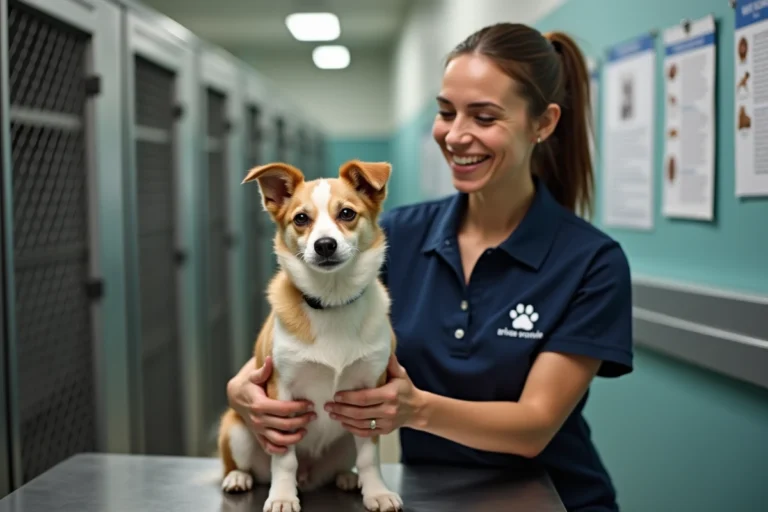 Bénévole d'un refuge animalier tenant un petit chien adopté près de Langon