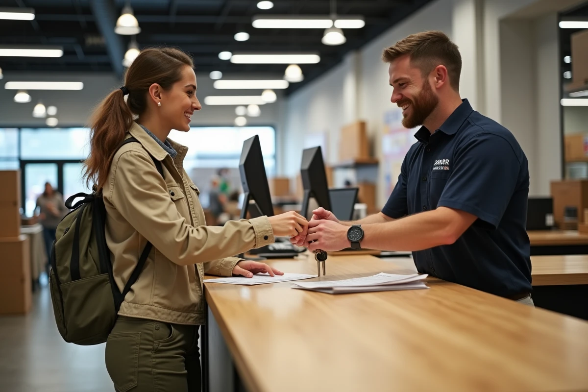 Cliente récupérant les clés du camion gratuit au comptoir de service Conforama
