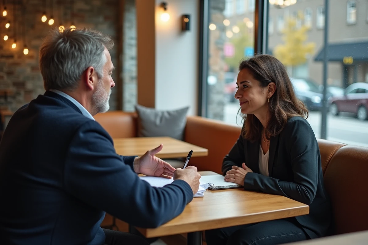 Homme et coach en discussion dans un café chaleureux