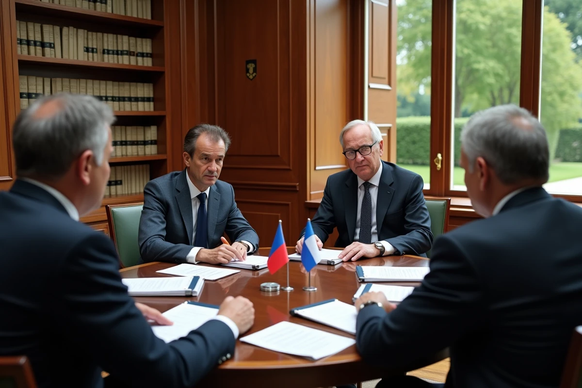 Réunion de travail diplomatique à l'ambassade de France avec des représentants autour d'une table de conférence officielle