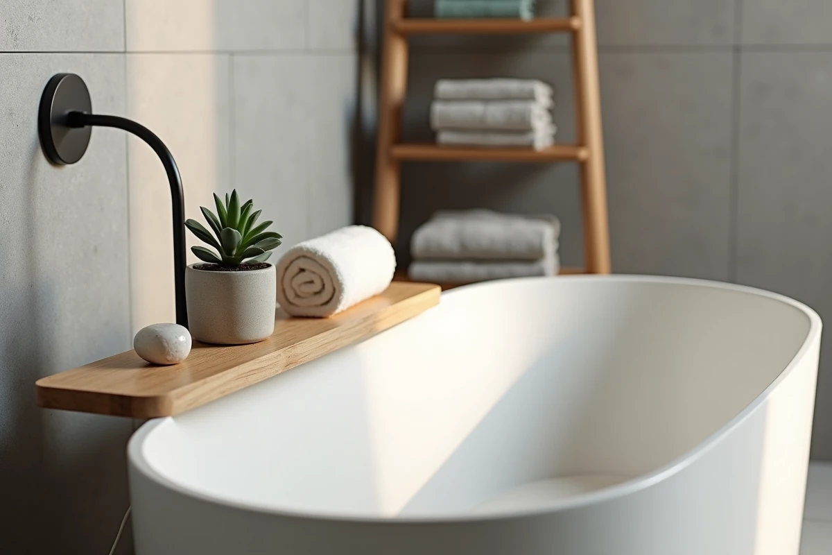 Salle de bain zen avec baignoire ilot en résine pierre, carrelage ardoise et accessoires naturels en bambou et coton bio