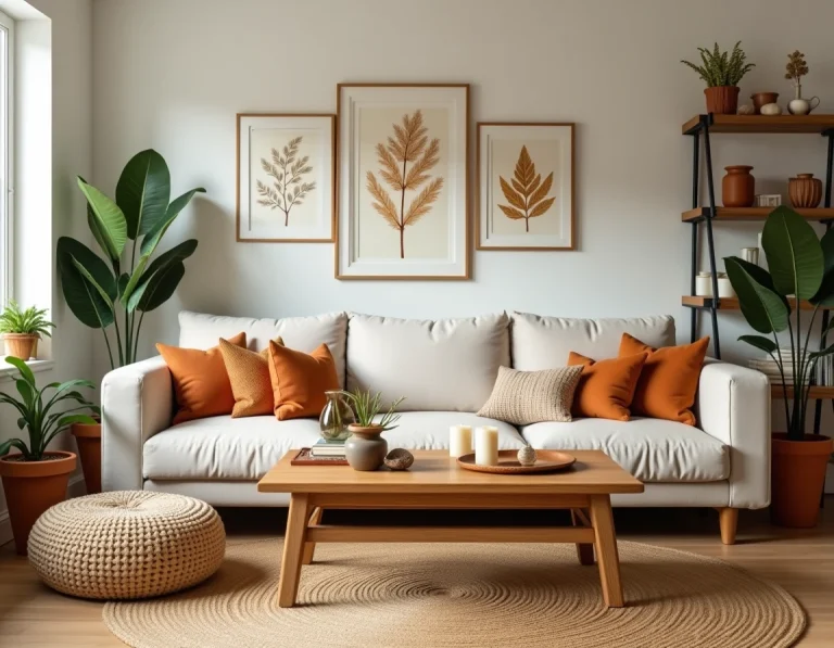 Salon chaleureux décoré avec des tons terre, un canapé en lin, des plantes vertes et des étagères en bois ouvertes pour une ambiance cosy et unique