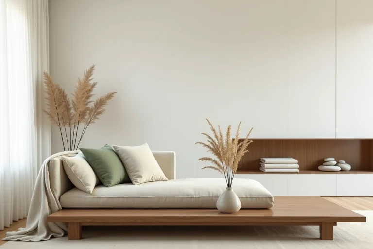 Salon zen minimaliste d'inspiration japonaise avec canapé en lin naturel, table basse en noyer et décoration wabi-sabi épurée