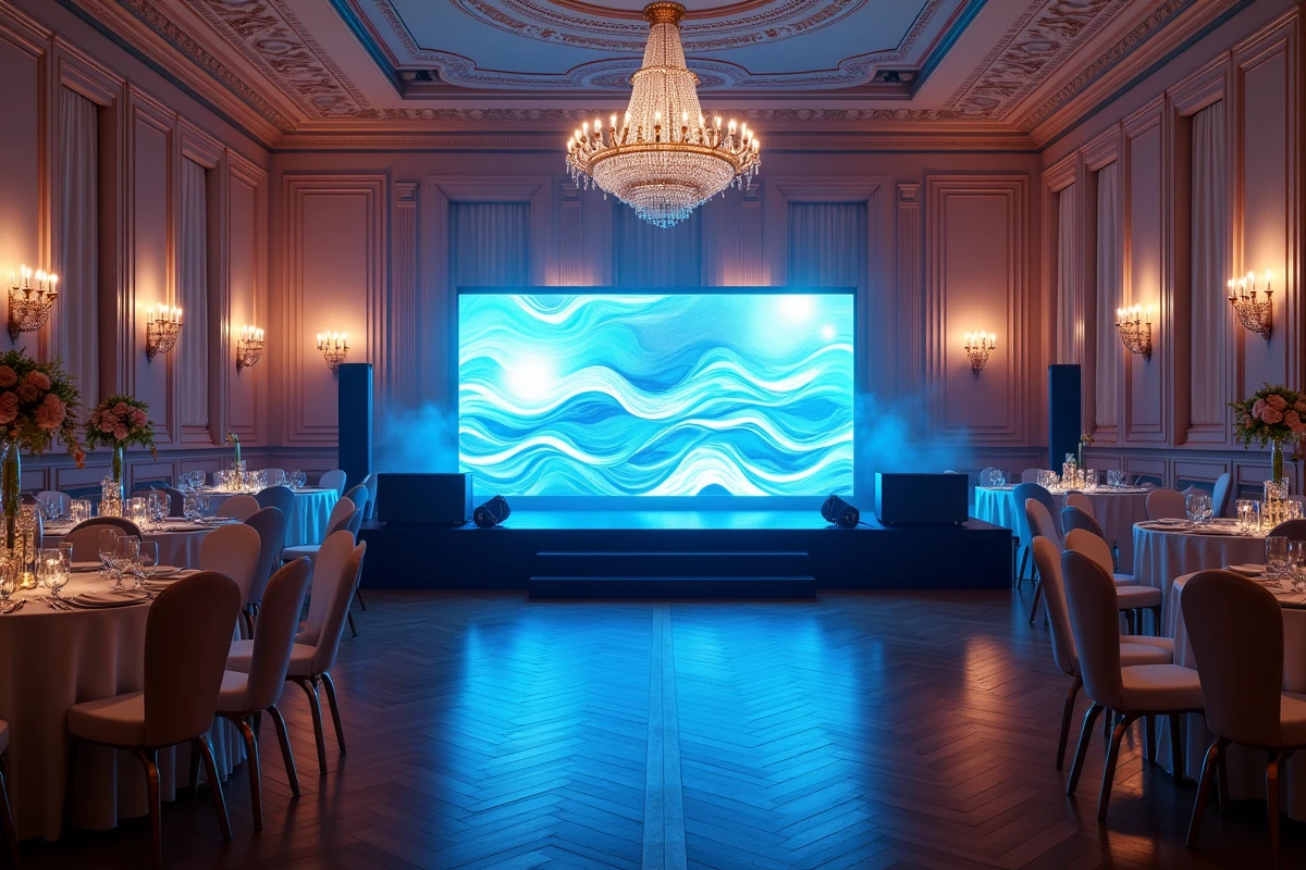 Scène DJ vide dans un grand bal privé parisien avec décor LED et tables de gala dressées
