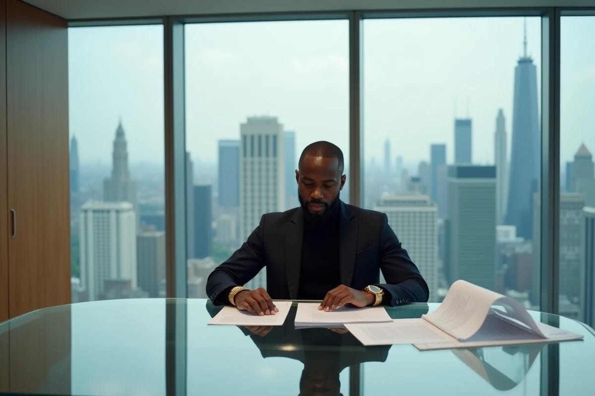 Homme d'affaires prospère dans un bureau moderne en hauteur symbolisant les sources de revenus et investissements de Lewis Hamilton
