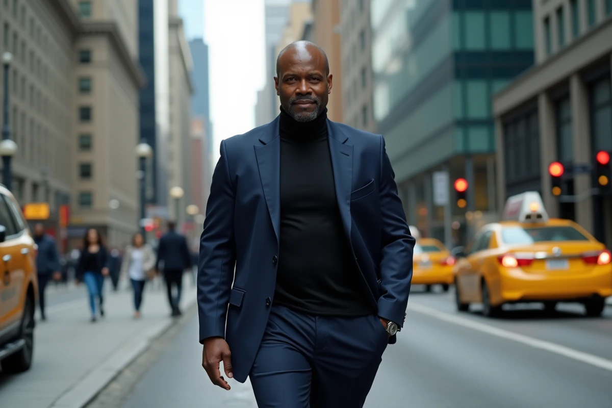 Acteur afro-américain de grande taille marchant dans les rues de Manhattan en blazer marine, style éditorial urbain