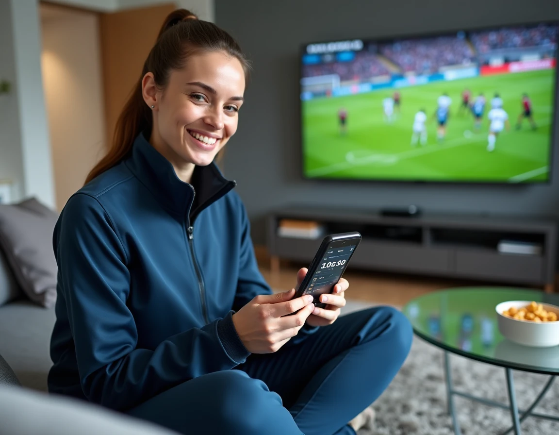Femme consultant une application de suivi sportif en temps réel sur smartphone dans un salon moderne