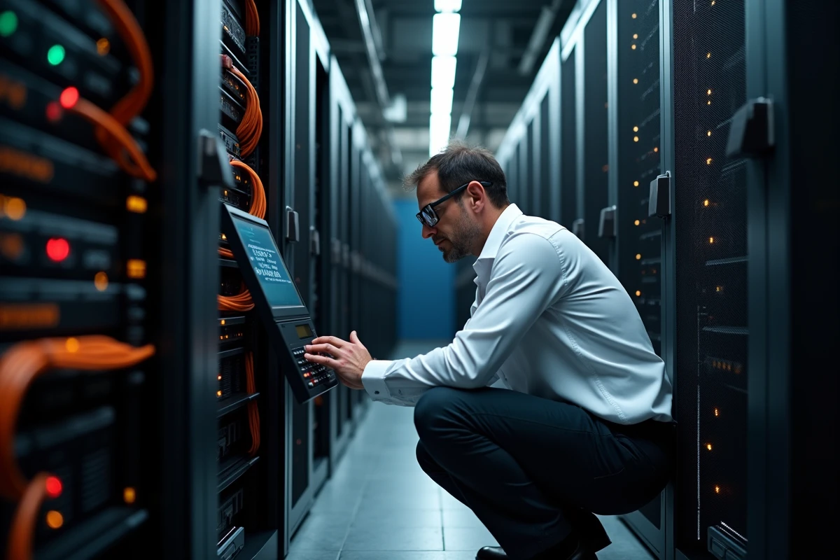 Technicien administrant des serveurs Linux dans une salle de datacenter professionnelle