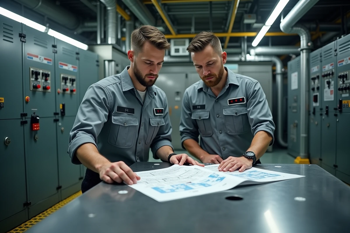 Deux techniciens analysant un schéma de réseau pour choisir entre gestion centralisée et décentralisée des systèmes de protection électronique en salle de contrôle industrielle