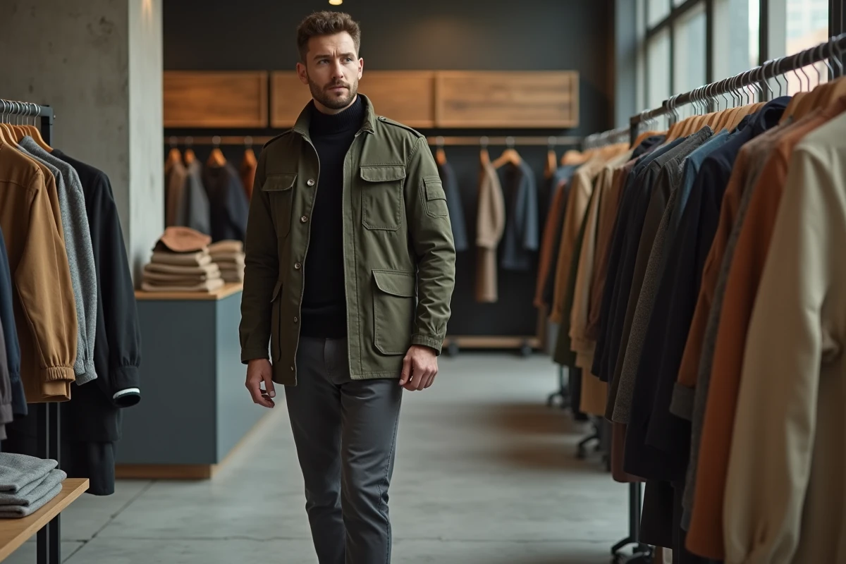 Homme en veste utility olive et col roulé noir dans un concept store moderne, inspirations mode homme tendances 2024