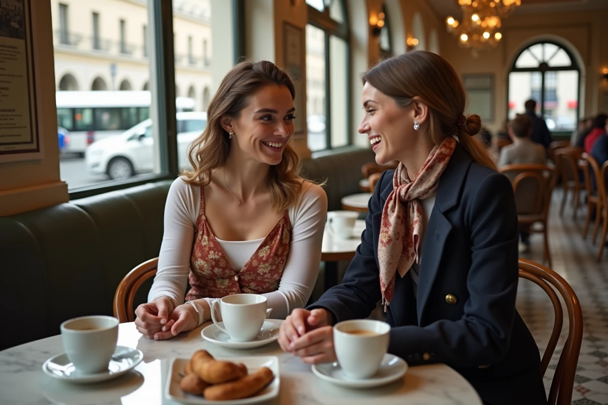 Deux femmes en tenues tendance automne-hiver assises dans une brasserie parisienne, mode féminine et accessoires de saison