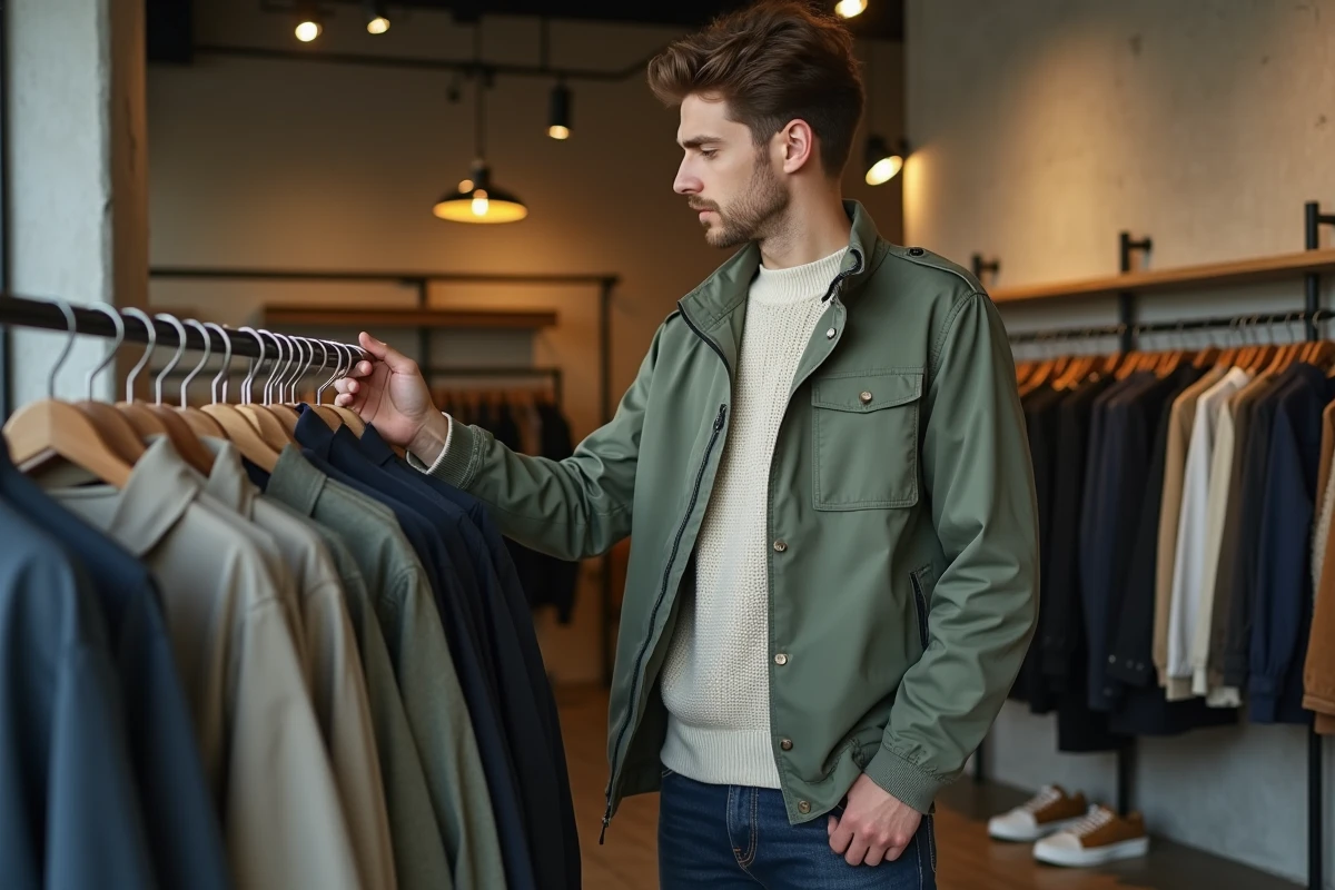 Homme en veste field verte et pull côtelé crème explorant un concept store minimaliste, nouvelles tendances mode masculine