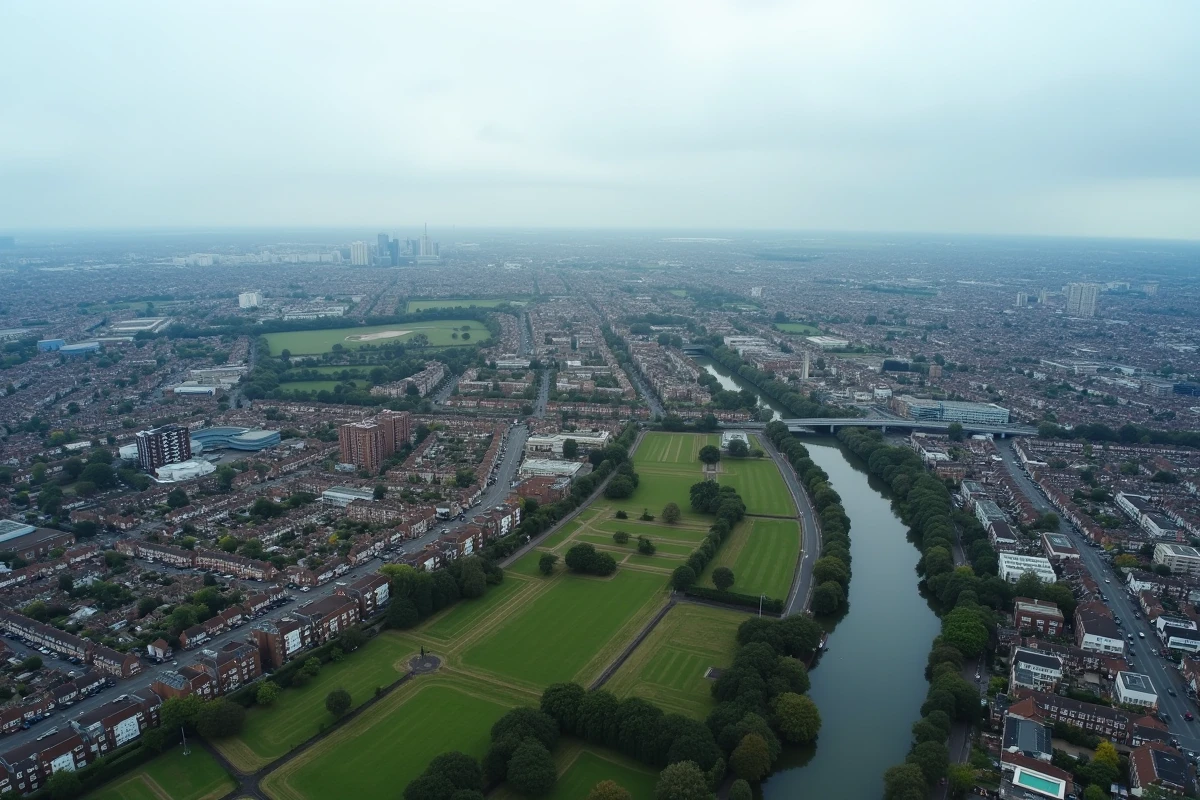 Vue aérienne du Grand Londres illustrant l'immense superficie de la ville avec ses quartiers résidentiels et ses espaces verts s'étendant à perte de vue