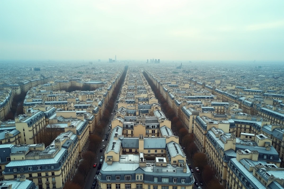 Vue aérienne panoramique de Paris montrant la densité urbaine et l'architecture haussmannienne s'étendant à l'horizon
